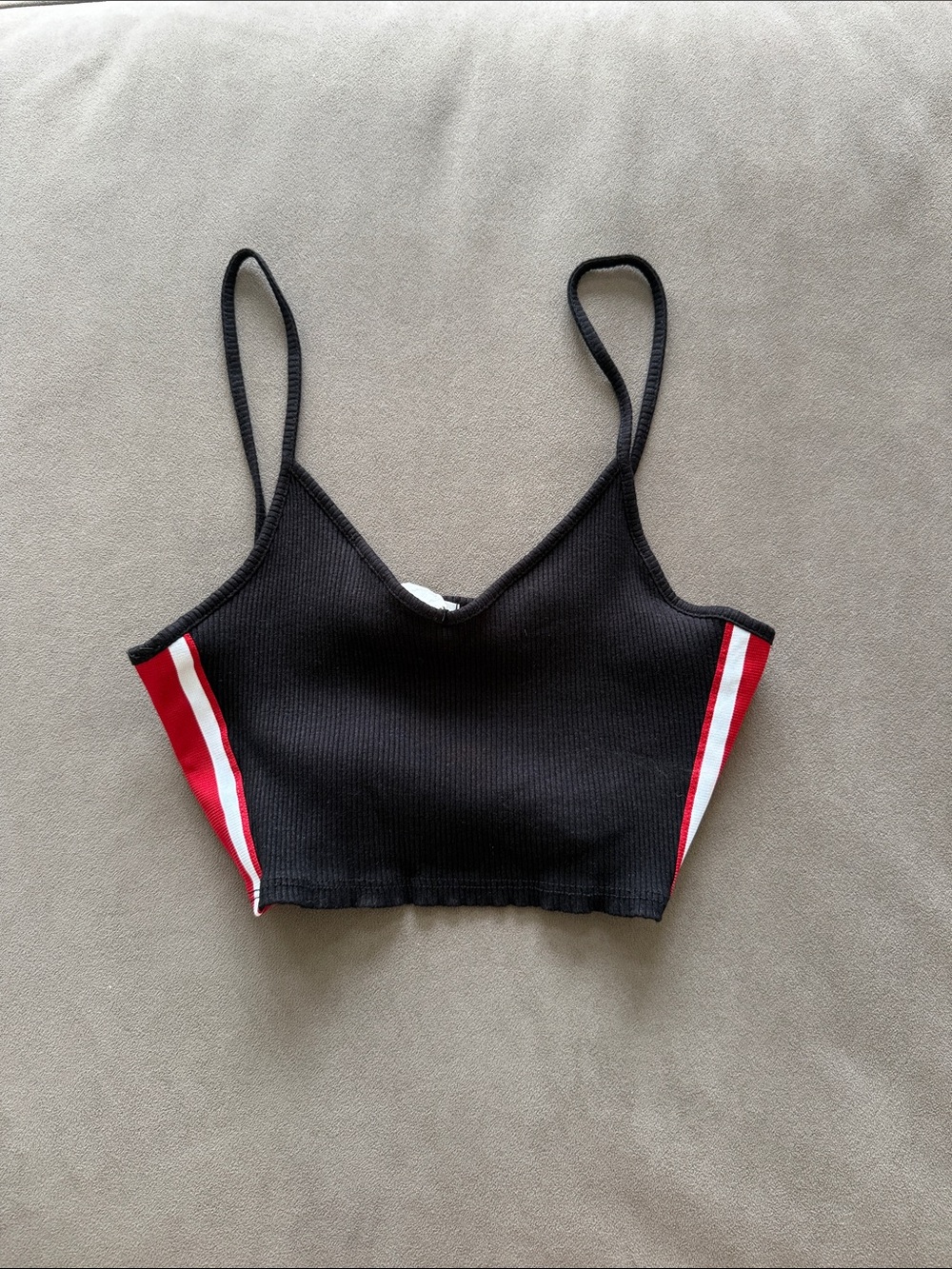 Black Ribbed Cropped Tank with Red & White Side Stripes
